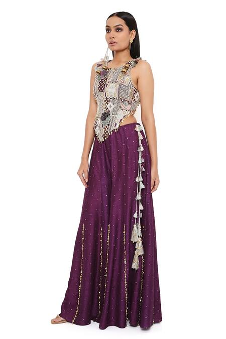Shop Payal Singhal Purple Georgette Embroidery Mirror Round Asymmetric Choli And Sharara Set Online at Aza Fashions Shop_Payal Singhal_Purple Georgette Embroidery Mirror Round Asymmetric Choli And Sharara Set _Online_at_Aza_Fashions