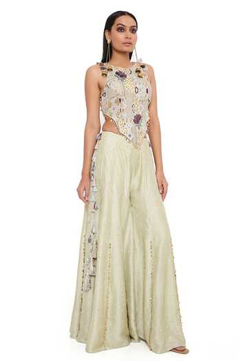 Shop Payal Singhal Green Georgette Embroidery Mirror And Thread Asymmetric Hem Choli And Sharara Set Online at Aza Fashions Shop_Payal Singhal_Green Georgette Embroidery Mirror And Thread Asymmetric Hem Choli And Sharara Set _Online_at_Aza_Fashions