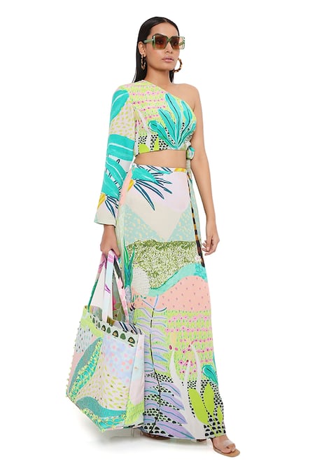 PS Pret by Payal Singhal_Green Crepe Printed Tropical Asymmetric Skirt Set _at_Aza_Fashions