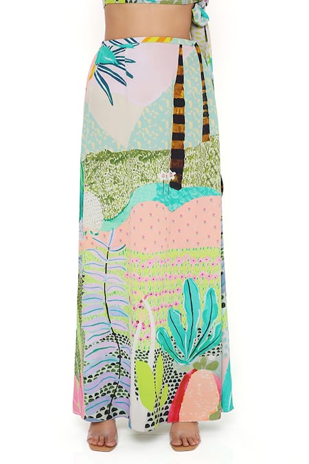 Shop_PS Pret by Payal Singhal_Green Crepe Printed Tropical Asymmetric Skirt Set 