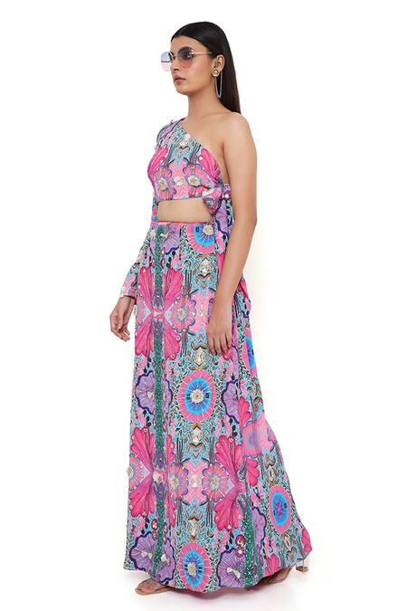 Payal Singhal_Pink Crepe And Embroidery Enchanted & Gota Patti One Choli & Skirt Set_Online_at_Aza_Fashions