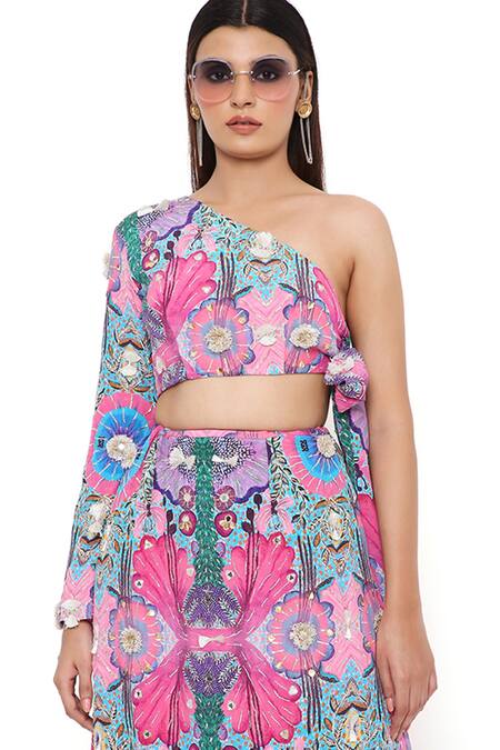 Buy_Payal Singhal_Pink Crepe And Embroidery Enchanted & Gota Patti One Choli & Skirt Set_Online_at_Aza_Fashions