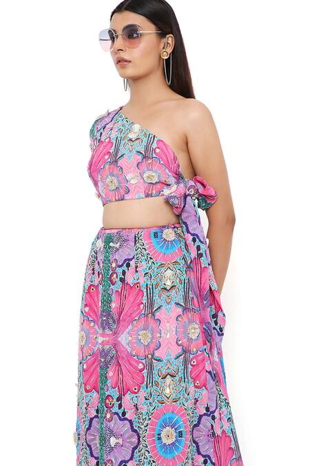 Payal Singhal_Pink Crepe And Embroidery Enchanted & Gota Patti One Choli & Skirt Set_at_Aza_Fashions