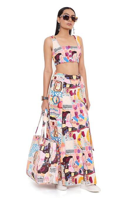 Buy_PS Pret by Payal Singhal_Peach Denim Square Neck Trance Print Skirt Set _Online_at_Aza_Fashions