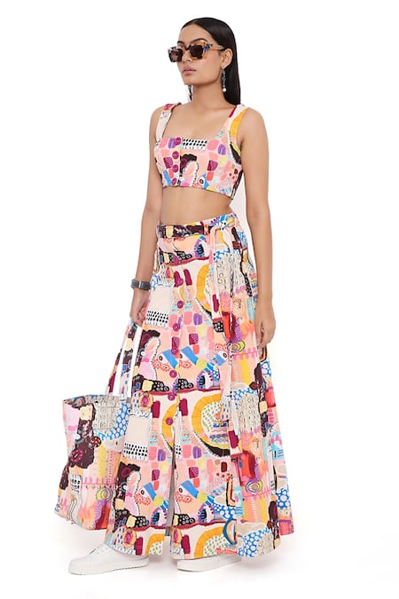 Shop_PS Pret by Payal Singhal_Peach Denim Square Neck Trance Print Skirt Set _Online_at_Aza_Fashions