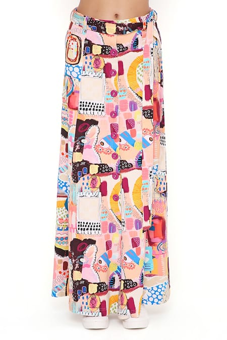 PS Pret by Payal Singhal_Peach Denim Square Neck Trance Print Skirt Set _at_Aza_Fashions