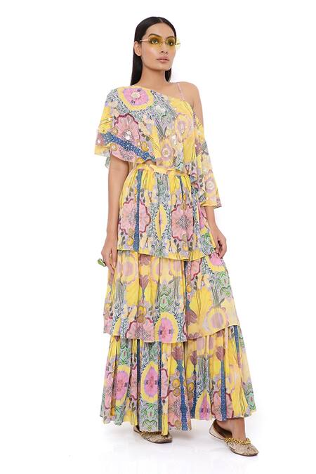 Buy_Payal Singhal_Yellow Crepe Enchanted One Shoulder Cape And Frill Sharara Set _Online_at_Aza_Fashions