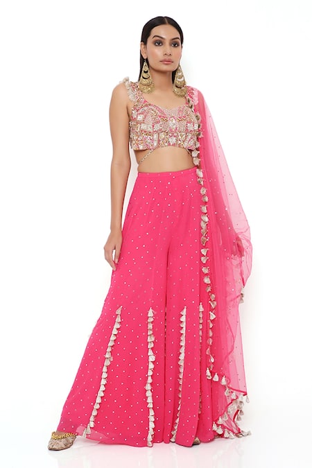 Payal Singhal Pink Georgette Embroidery Mukaish And Sequin Scoop Sleeveless Choli Sharara Set at Aza Fashions Payal Singhal_Pink Georgette Embroidery Mukaish And Sequin Scoop Sleeveless Choli Sharara Set _at_Aza_Fashions