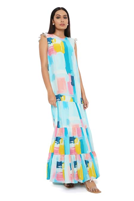 Payal Singhal_Blue Crepe Print Painterly Round Tiered Dress_Online_at_Aza_Fashions