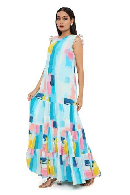 Buy_Payal Singhal_Blue Crepe Print Painterly Round Tiered Dress_Online_at_Aza_Fashions