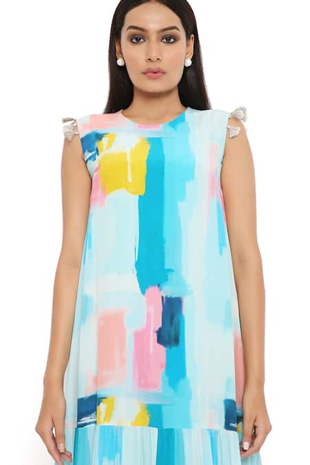 Payal Singhal_Blue Crepe Print Painterly Round Tiered Dress_at_Aza_Fashions