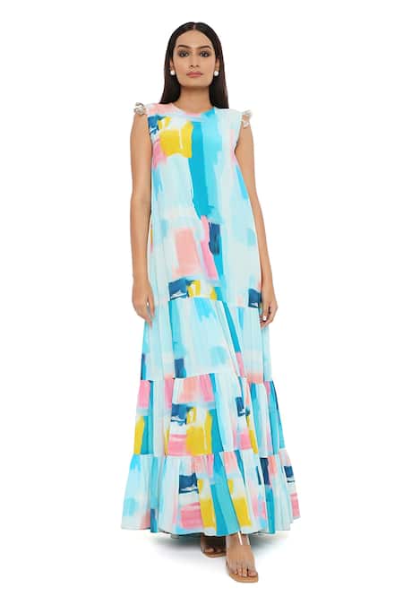 Shop_Payal Singhal_Blue Crepe Print Painterly Round Tiered Dress_Online_at_Aza_Fashions