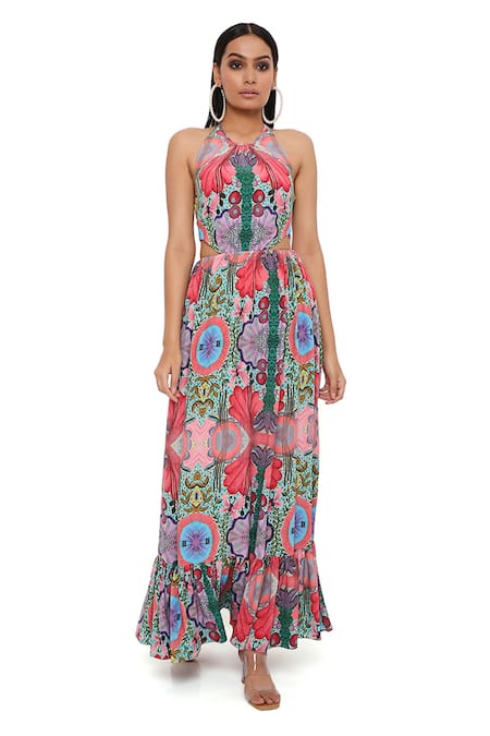 Buy_PS Pret By Payal Singhal_Red Crepe Halter Neck Enchanted Print Dress _Online_at_Aza_Fashions