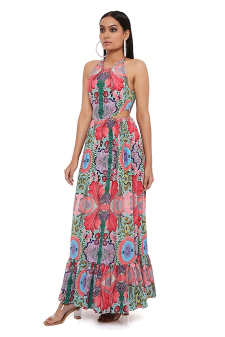 Shop_PS Pret By Payal Singhal_Red Crepe Halter Neck Enchanted Print Dress _Online_at_Aza_Fashions