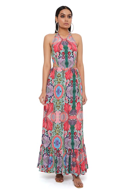 PS Pret By Payal Singhal_Red Crepe Halter Neck Enchanted Print Dress _at_Aza_Fashions