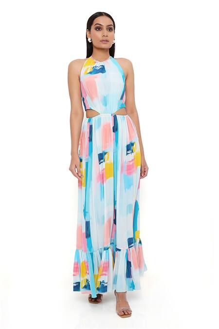PS Pret By Payal Singhal_Blue Crepe Halter Neck Painterly Print Cutout Dress_Online_at_Aza_Fashions
