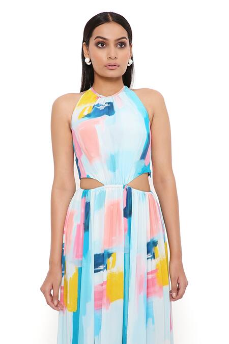 Shop_PS Pret By Payal Singhal_Blue Crepe Halter Neck Painterly Print Cutout Dress_Online_at_Aza_Fashions
