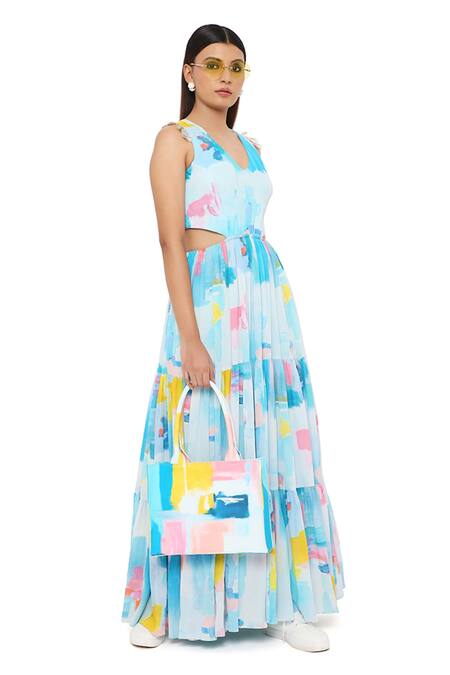 Payal Singhal_Blue Crepe Print Painterly V Neck Waist Cutout Dress_Online_at_Aza_Fashions