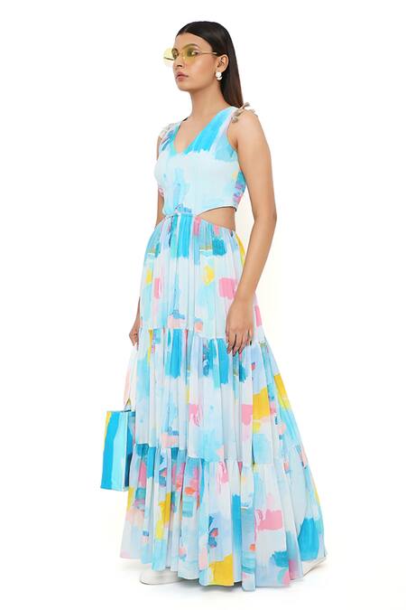 Buy_Payal Singhal_Blue Crepe Print Painterly V Neck Waist Cutout Dress_Online_at_Aza_Fashions