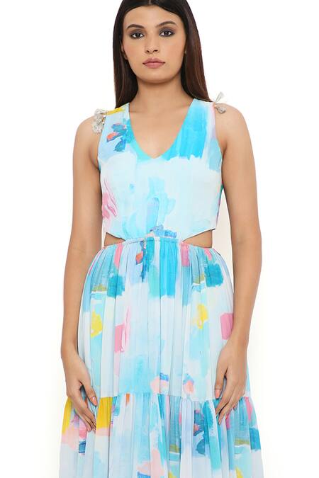 Payal Singhal_Blue Crepe Print Painterly V Neck Waist Cutout Dress_at_Aza_Fashions