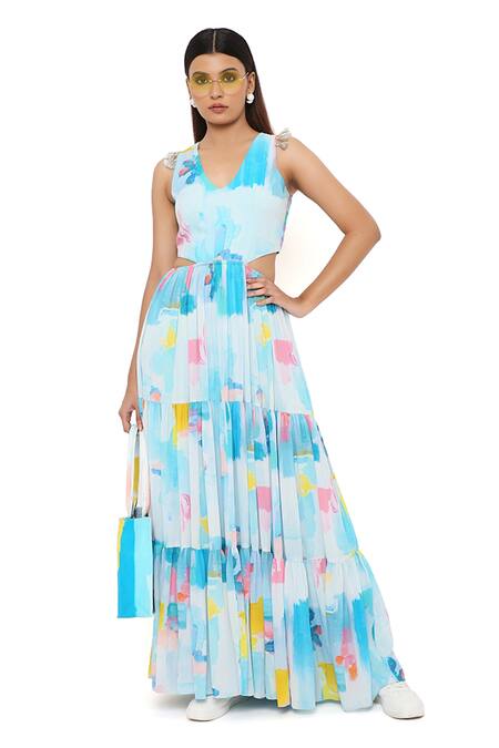Shop_Payal Singhal_Blue Crepe Print Painterly V Neck Waist Cutout Dress_Online_at_Aza_Fashions