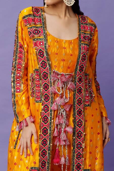 Buy Payal Singhal Yellow Silk Mirrors, Tassels, Bandhani Pattern Jacket And Jogger Pant Set Online at Aza Fashions Buy_Payal Singhal_Yellow Silk Mirrors, Tassels, Bandhani Pattern Jacket And Jogger Pant Set_Online_at_Aza_Fashions