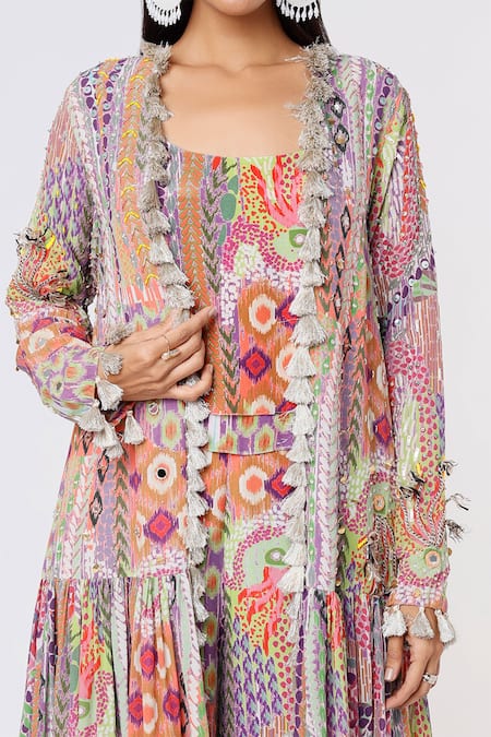 Buy_Payal Singhal_Multi Color Georgette, Crepe Tassels Open African Print Jacket And Palazzo Set _Online_at_Aza_Fashions