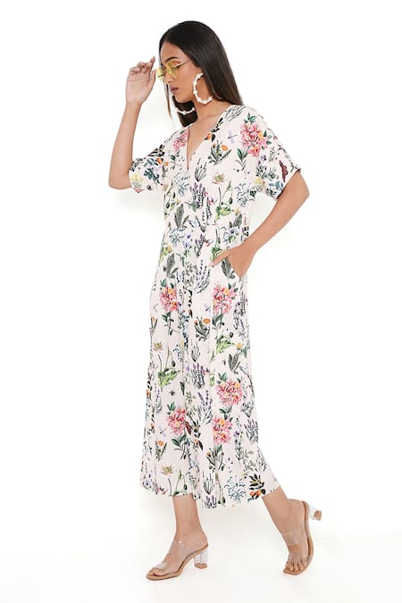 PS Pret By Payal Singhal_Ivory Art Crepe Titli Print V Neck Jumpsuit_Online_at_Aza_Fashions