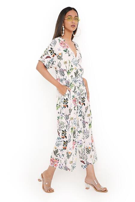 Buy_PS Pret By Payal Singhal_Ivory Art Crepe Titli Print V Neck Jumpsuit_Online_at_Aza_Fashions