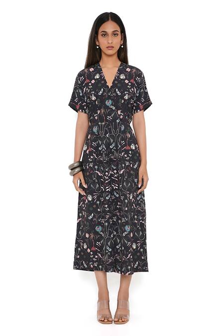 PS Pret By Payal Singhal_Black Art Crepe Forest Print V Neck Jumpsuit_Online_at_Aza_Fashions