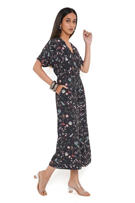 Buy_PS Pret By Payal Singhal_Black Art Crepe Forest Print V Neck Jumpsuit_Online_at_Aza_Fashions