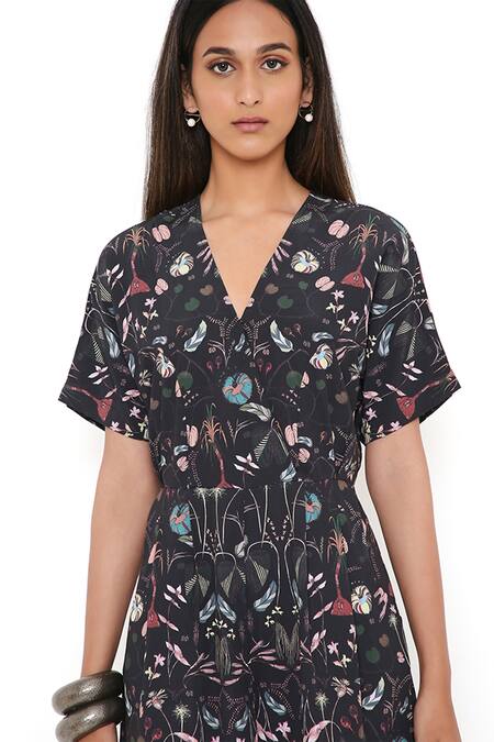 Shop_PS Pret By Payal Singhal_Black Art Crepe Forest Print V Neck Jumpsuit_Online_at_Aza_Fashions