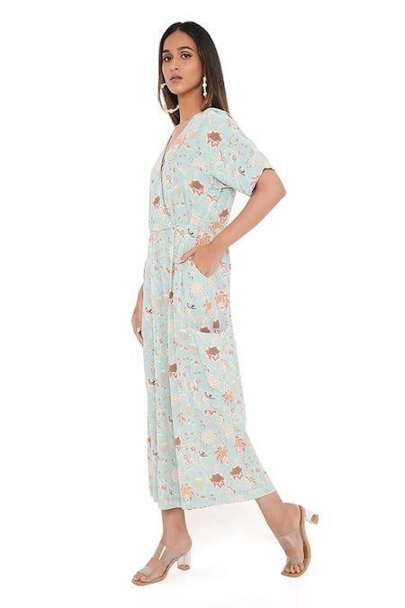 PS Pret By Payal Singhal_Blue Crepe Chidiya V Neck Jumpsuit_Online_at_Aza_Fashions