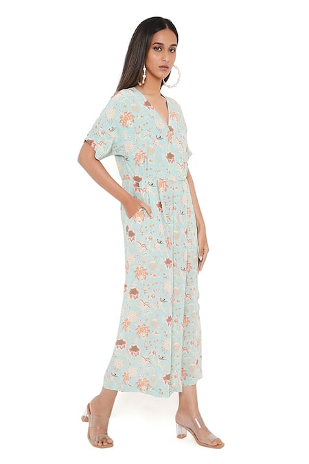 Buy_PS Pret By Payal Singhal_Blue Crepe Chidiya V Neck Jumpsuit_Online_at_Aza_Fashions