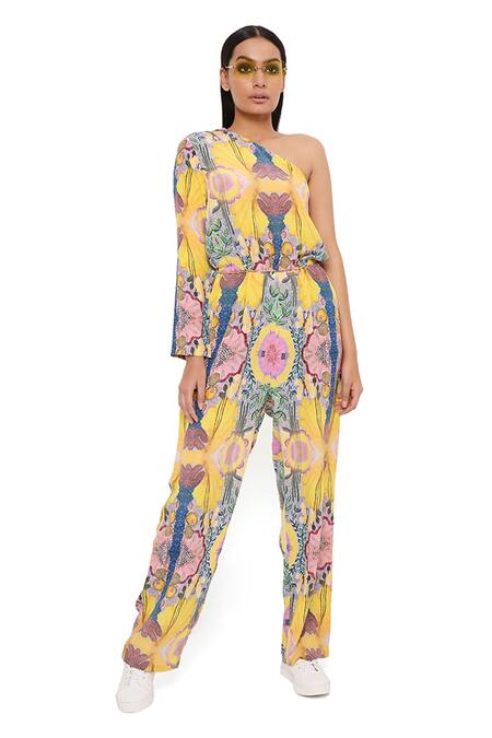 PS Pret By Payal Singhal_Yellow Crepe Printed Enchanted Asymmetric One Shoulder Jumpsuit_Online_at_Aza_Fashions