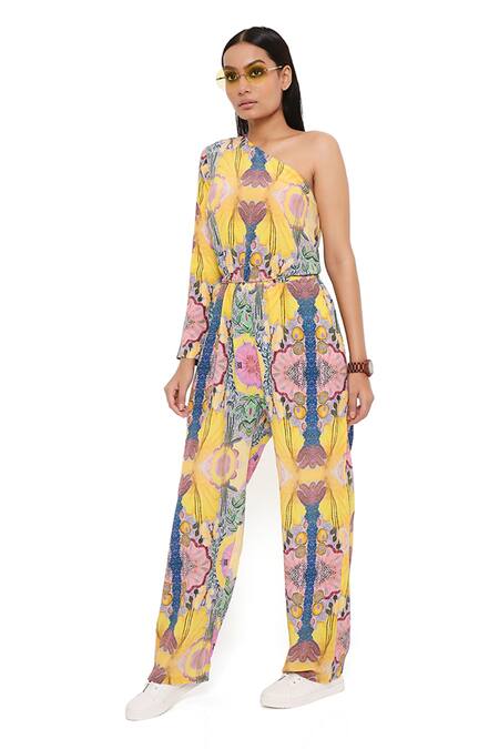 Buy_PS Pret By Payal Singhal_Yellow Crepe Printed Enchanted Asymmetric One Shoulder Jumpsuit_Online_at_Aza_Fashions