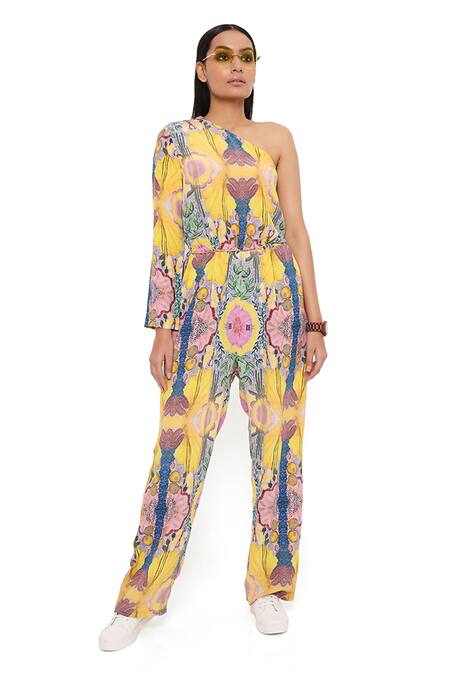 Shop_PS Pret By Payal Singhal_Yellow Crepe Printed Enchanted Asymmetric One Shoulder Jumpsuit_Online_at_Aza_Fashions