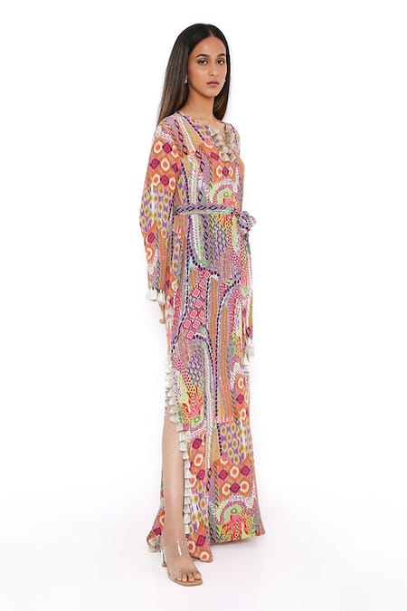 Buy_PS Pret By Payal Singhal_Multi Color Crepe African Notched Kaftan _Online_at_Aza_Fashions