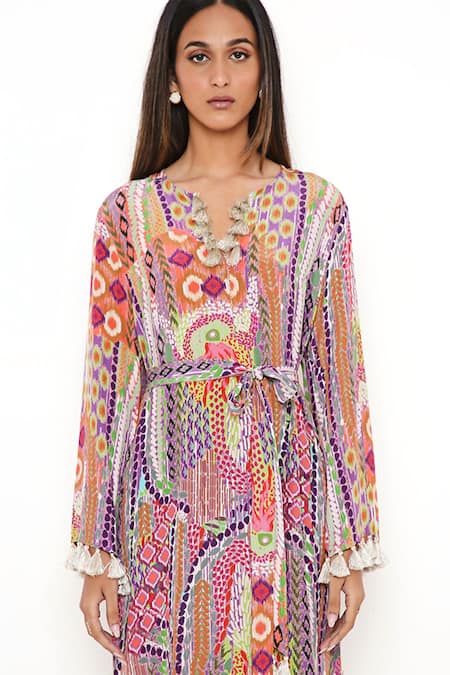 Shop_PS Pret By Payal Singhal_Multi Color Crepe African Notched Kaftan _Online_at_Aza_Fashions