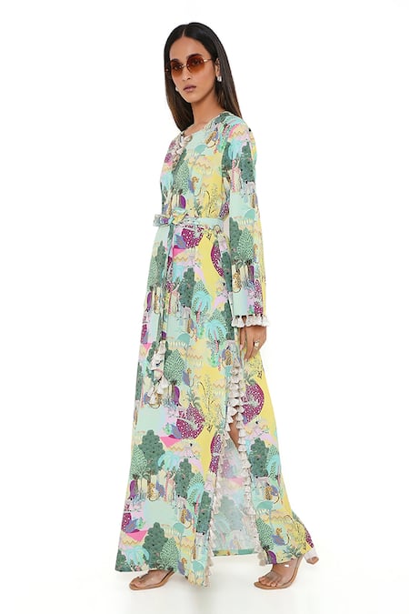 PS Pret By Payal Singhal_Yellow Art Crepe Kuno Print Notched Kaftan _Online_at_Aza_Fashions