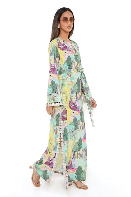 Buy_PS Pret By Payal Singhal_Yellow Art Crepe Kuno Print Notched Kaftan _Online_at_Aza_Fashions