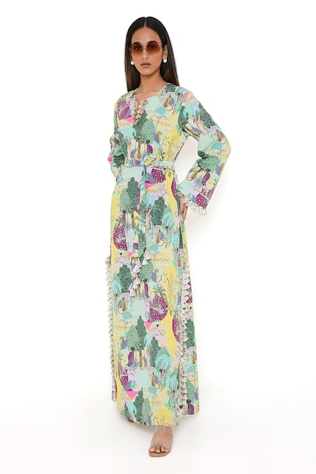Shop_PS Pret By Payal Singhal_Yellow Art Crepe Kuno Print Notched Kaftan _Online_at_Aza_Fashions