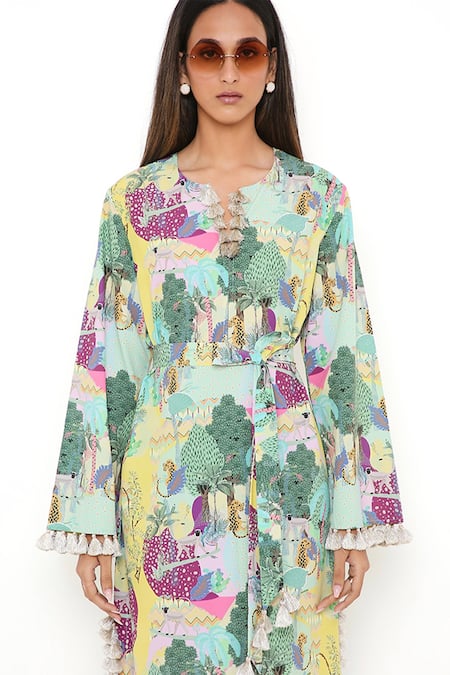 PS Pret By Payal Singhal_Yellow Art Crepe Kuno Print Notched Kaftan _at_Aza_Fashions