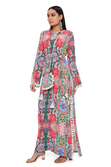 Buy_PS Pret By Payal Singhal_Pink Crepe Printed Enchanted Notched Kaftan _Online_at_Aza_Fashions