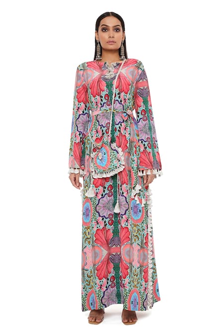 Shop_PS Pret By Payal Singhal_Pink Crepe Printed Enchanted Notched Kaftan _Online_at_Aza_Fashions