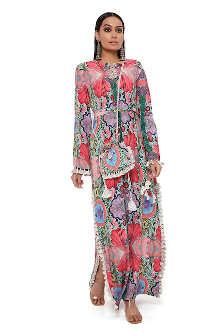 PS Pret By Payal Singhal_Pink Crepe Printed Enchanted Notched Kaftan _at_Aza_Fashions