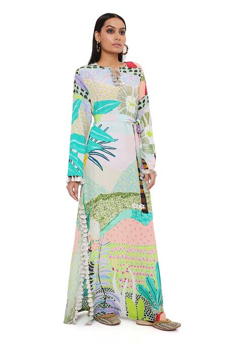 Buy_PS Pret By Payal Singhal_Green Crepe Printed Tropical Notched Kaftan _Online_at_Aza_Fashions