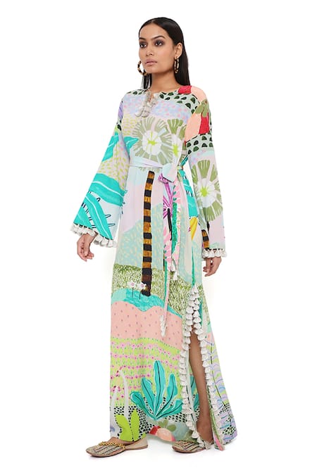 Shop_PS Pret By Payal Singhal_Green Crepe Printed Tropical Notched Kaftan _Online_at_Aza_Fashions