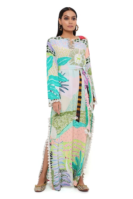 PS Pret By Payal Singhal_Green Crepe Printed Tropical Notched Kaftan _at_Aza_Fashions