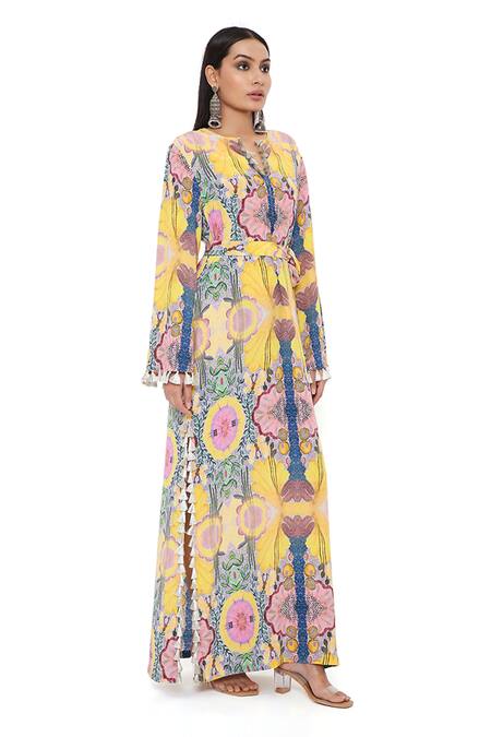 Buy_PS Pret By Payal Singhal_Yellow Crepe Printed Tropical Notched Enchanted Tassel Hem Kaftan _Online_at_Aza_Fashions